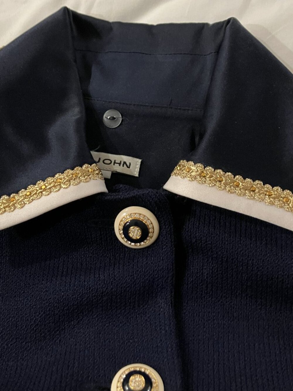 St. John Vintage Navy Jacket Rhinestone Buttons Removable Collar and Cuffs Sz.